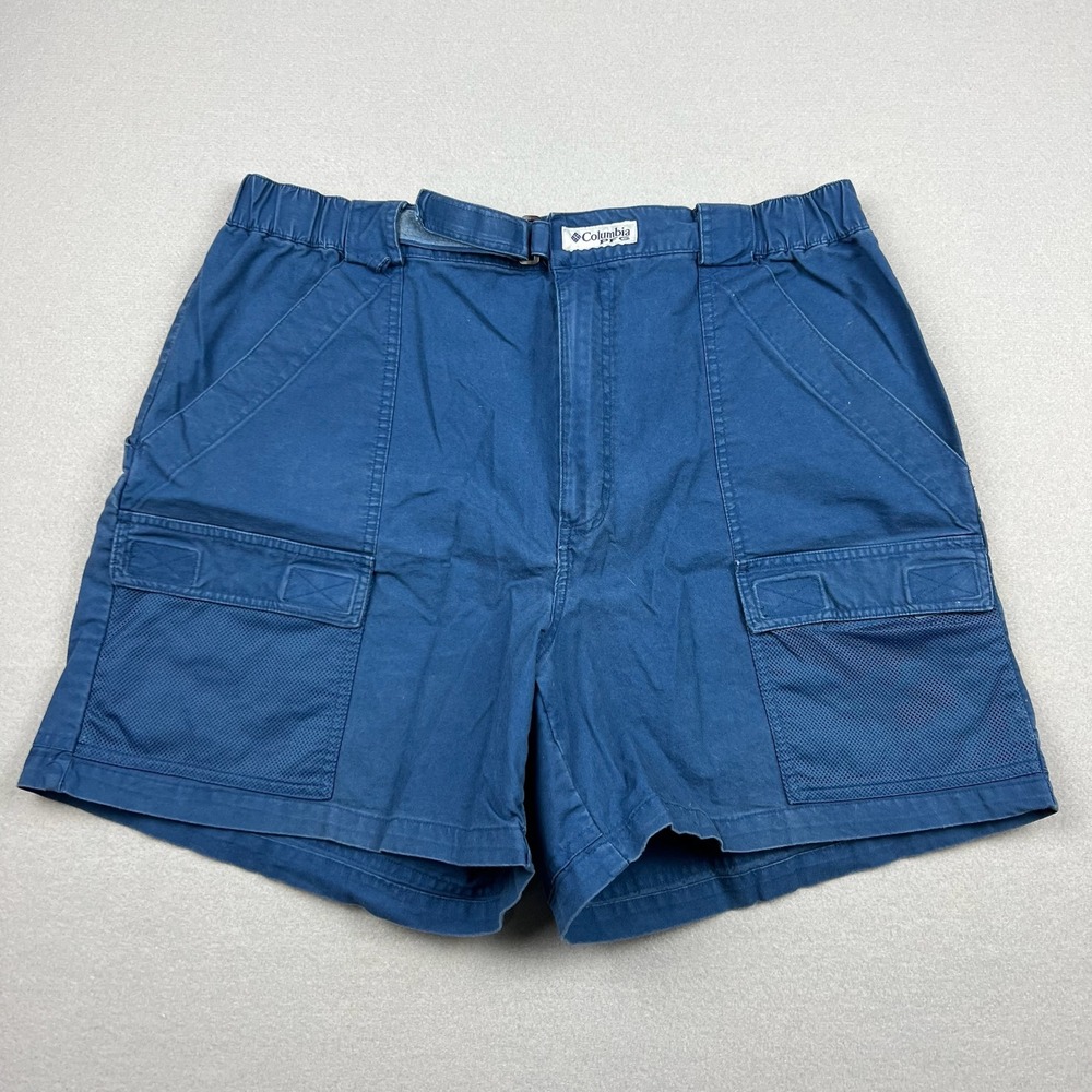 Columbia Mens Large Blue PFG Half Moon Cargo River Fishing Shorts Belted Pockets